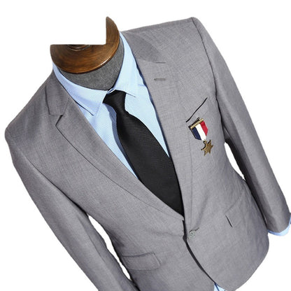British Striped Men's Suit Slim Fit Business Gentleman Gray Business Suit for Banquet Light Business Style
