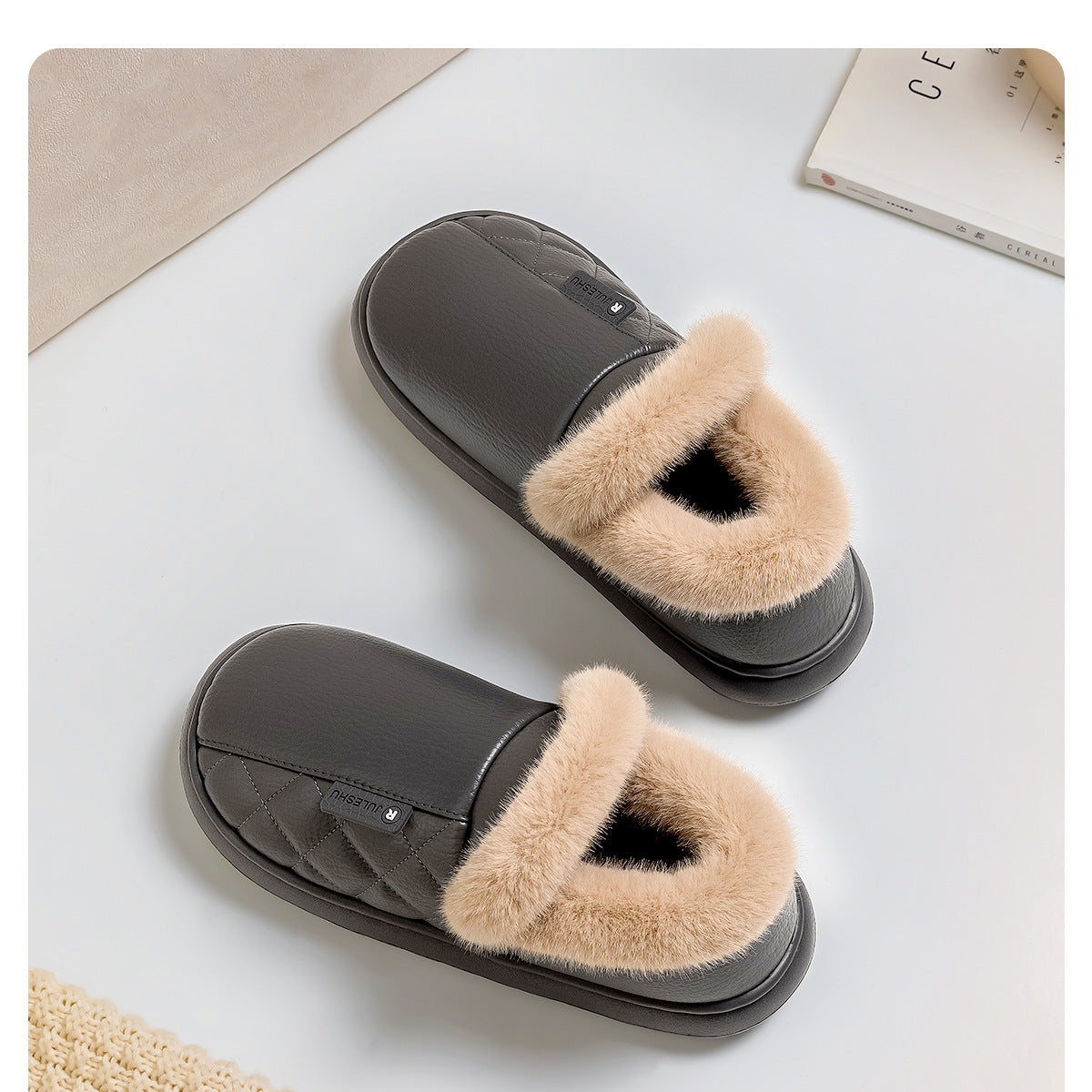 Waterproof Cotton Slippers for Women, Autumn and Winter 2026 New Model, Home Warm Indoor Shoes with Thick Soles, Non-Slip Leather Surface Cotton Shoes for Elderly Men