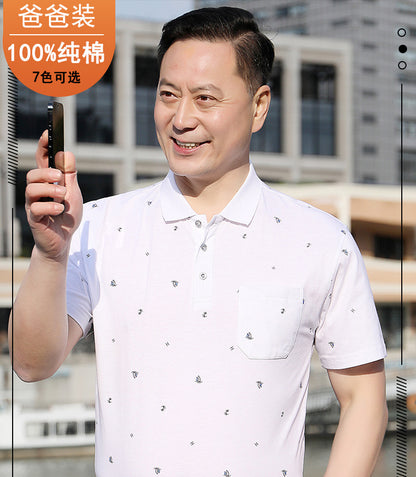 Middle-aged Men's Cotton Short-sleeved T-shirt Lapel Pocket Summer Middle-aged and Elderly plus size Half-sleeved Dad T-shirt Father