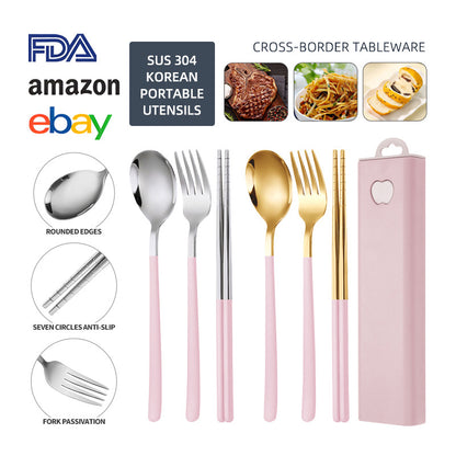 304 Stainless Steel Convenient Tableware Fork, Spoon and Chopsticks Three-Piece Set Outdoor Travel Student Storage Box Tableware Set