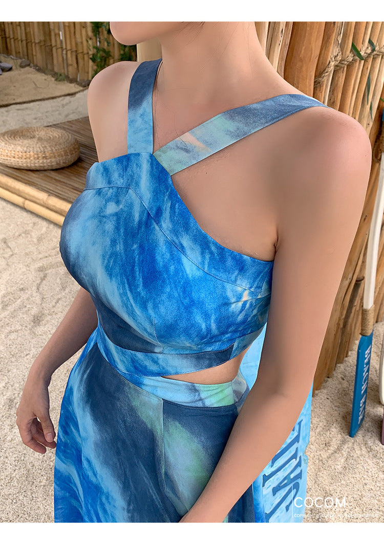 Foreign Trade Women's 2025 Summer New Temperament Sling Long Dress Fashion Waist Chiffon Printed Large Swing Dress dress