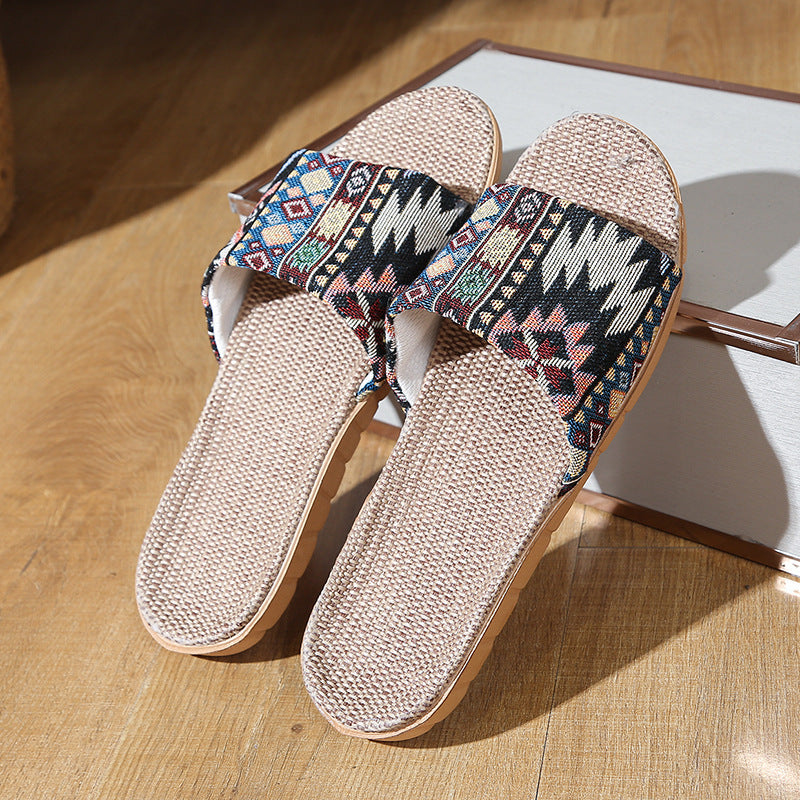 Four Seasons Home Linen Slippers Fashion Printed Thick Sole Non-Slip Sweat-Absorbent Wear-Resistant Large Sole Couple Linen Slippers Ethnic Style