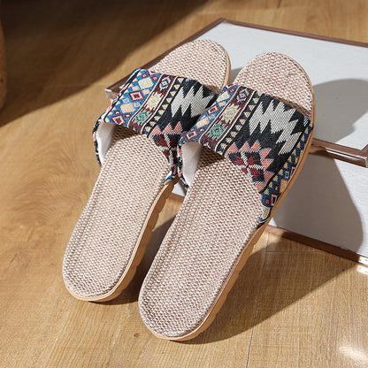 Four Seasons Home Linen Slippers Fashion Printed Thick Sole Non-Slip Sweat-Absorbent Wear-Resistant Large Sole Couple Linen Slippers Ethnic Style