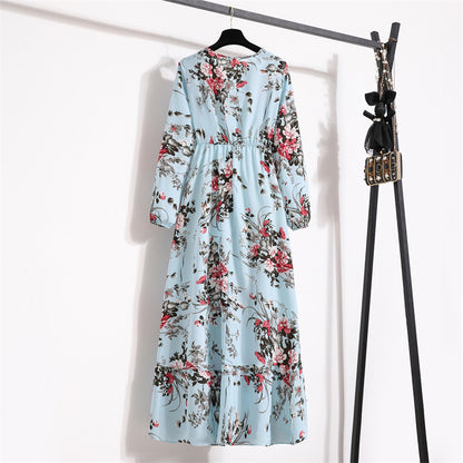 Cross-border Foreign Trade Floral Chiffon Long Dress Women's Spring Dress Long Sleeve Crewneck Base Skirt Waist Slim Long Dress