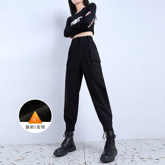 Women's Fleece-Lined Thickened Winter Korean-Style Cargo Pants, Jogger Loose Slimming Ins Harem Casual Pants for Students by PDG ibma