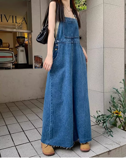 Age-Reducing and Slimming Denim Suspender Dress for Women, 2026 Autumn New Style, Loose Fit, Long Dress for Tall Women, Blue Dress