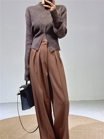 Spring and Autumn New Style Old Money Style Brown Coffee Color Suit Pants for Women, Wide-Leg Pants with Drape Effect, Slimming, Extended Length for Tall Individuals, Straight-Leg Pants