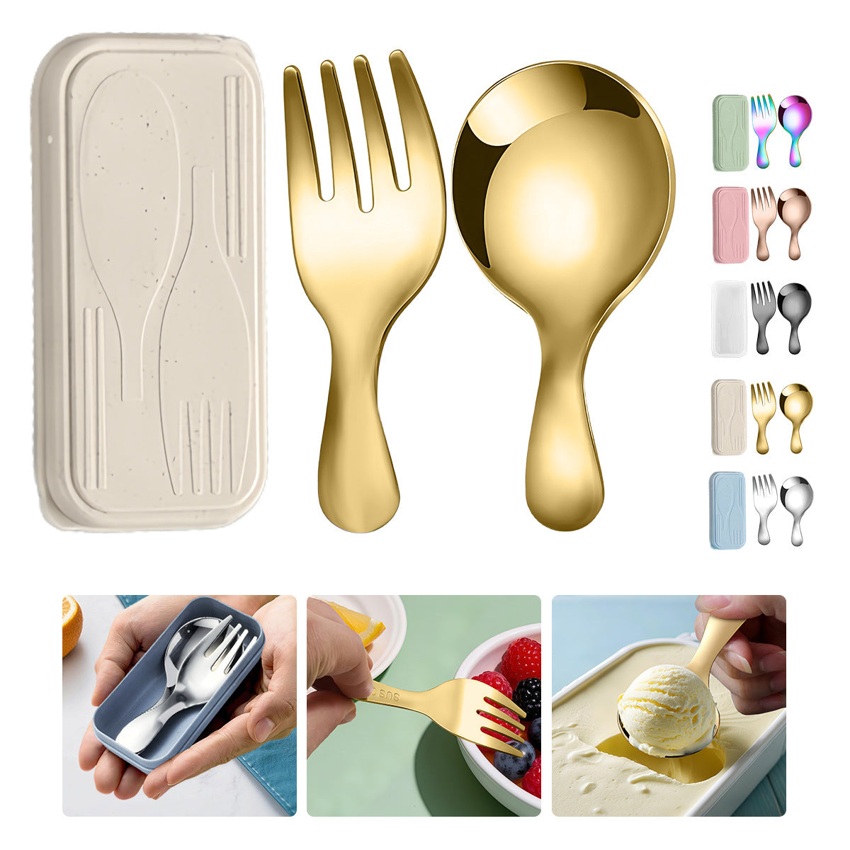 Stainless Steel Portable Spoon and Fork Set Children's Rice Spoon Dessert Spoon Fruit Fork Short Handle Fork Spoon Mini Tableware
