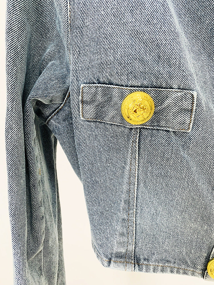 In Stock 2026 European and American Celebrity Style New Round-Neck Lion Buckle Ultra-Short Washed Denim Jacket