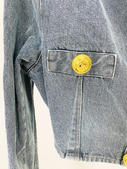 In Stock 2026 European and American Celebrity Style New Round-Neck Lion Buckle Ultra-Short Washed Denim Jacket