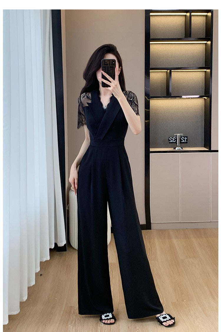 Cross-border High Leng Yujie Style Pants Women's Summer Short-sleeved High Waist Lace Stitching Hollow-out Pants Straight Pants