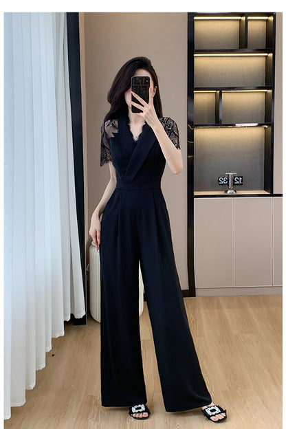 Cross-border High Leng Yujie Style Pants Women's Summer Short-sleeved High Waist Lace Stitching Hollow-out Pants Straight Pants