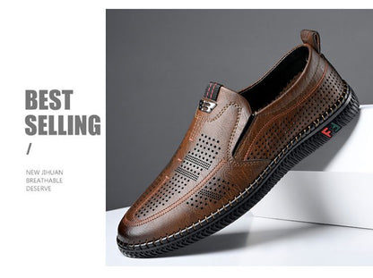 [Broken Size Processing] Leather Shoes Men's Genuine Leather Hole Shoes Dad Shoes Summer Soft Bottom Breathable Lazy Bean Shoes