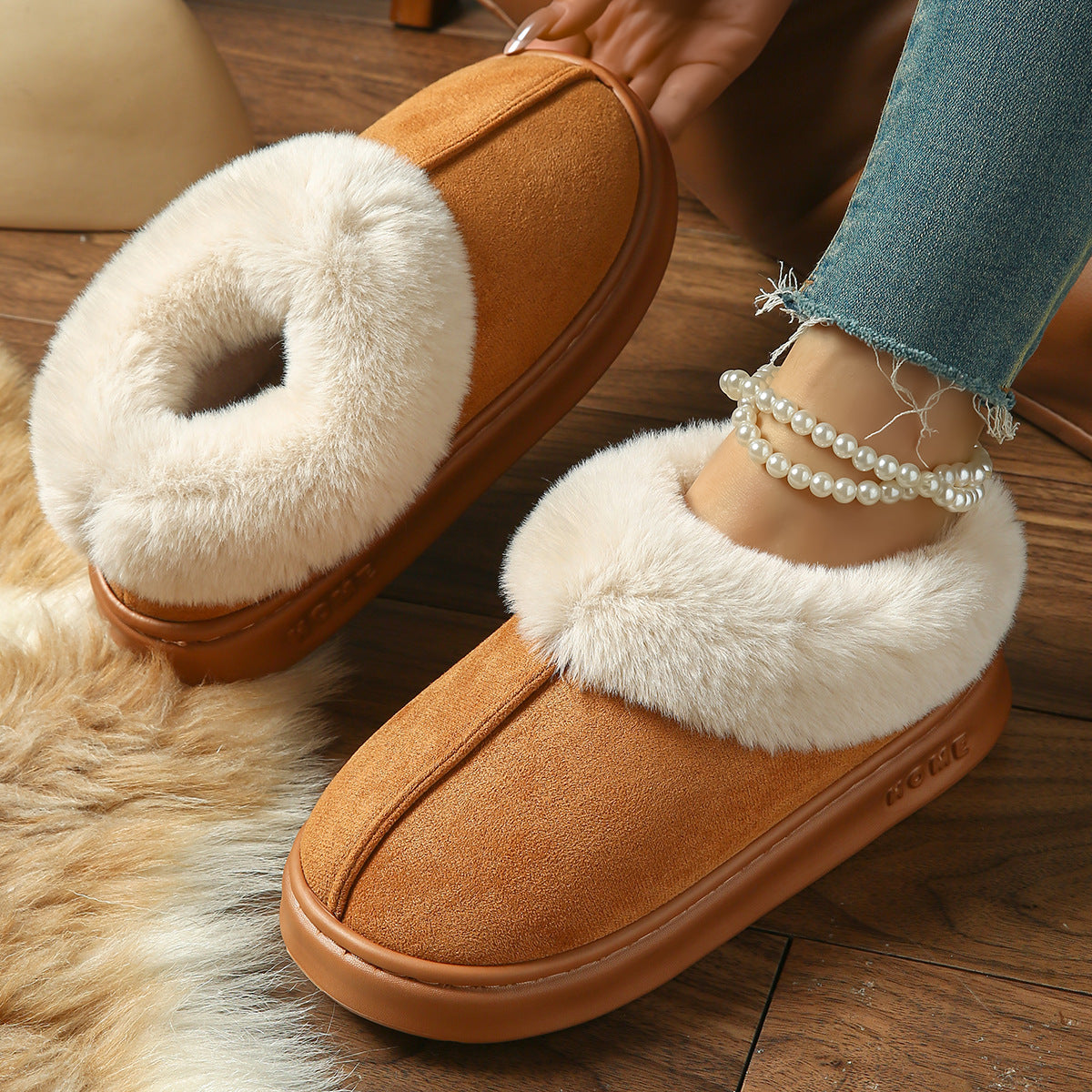 2025 Cross-Border New Pure Color Suede Splicing Home Slippers Thick-Soled Non-Slip Plush Warm Couple Cotton Shoes for Women