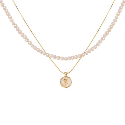 Natural Freshwater Non-nuclear Pearl Double Layer Overlapping Necklace Women's Mother-of-Fritillary Rose Pendant Gold Plated Sweet Light Luxury Set