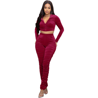 F185 European and American Women's Clothing Amazon Spring Two-piece Korean Velvet Solid Color Long Sleeve Navel Pleated Sports Suit