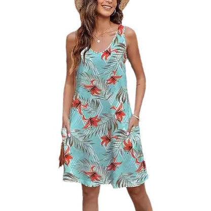 2024 summer casual vest V-neck loose dress with pockets summer bohemian beach dress floral T-shirt with pockets