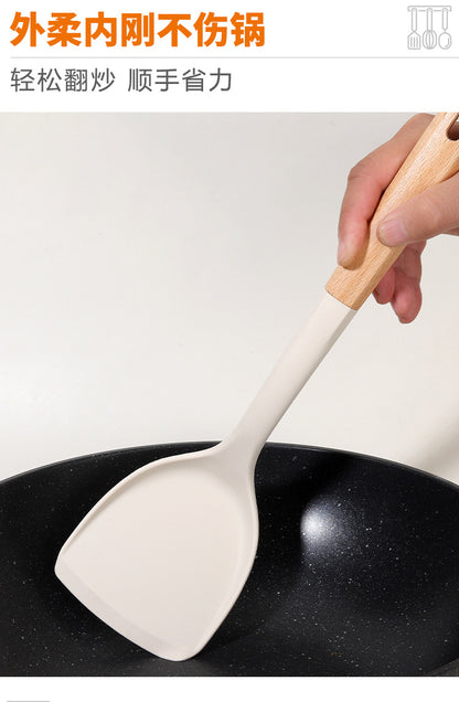 Wooden Handle Silicone Kitchen Utensil Set, Non-Stick Pan, Silicone Spatula, Soup Spoon, High Temperature Resistant Silicone Cooking Spatula, Daily Kitchen Utensils