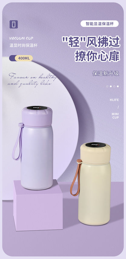Intelligent temperature display thermos cup 316 stainless steel thermos cup solid color simple flower tea cup women's portable carrying rope accompanying cup