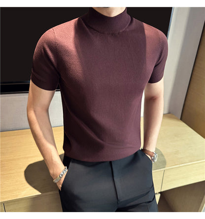 Tiktok Taobao Dropshipping Men's Short-Sleeve Knitwear, Fashionable Versatile Half-Turtleneck Slim-Fit Half-Sleeve Sweater Base Shirt