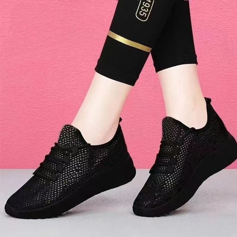 Cross-Border Black Sneakers for Women, Non-Slip, Soft-Soled, Comfortable Women's Shoes, Versatile Square Dance Shoes, Mom Shoes, Kitchen Shoes, Flat Shoes