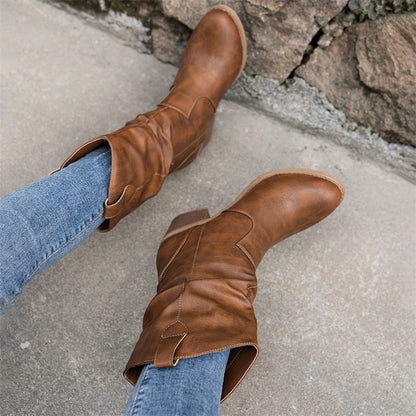 Boots Pleated One-Foot High Heel Mid-Helper Western Cowboy Women's Boots Mid-Helper Boots Fashion Women's Boots