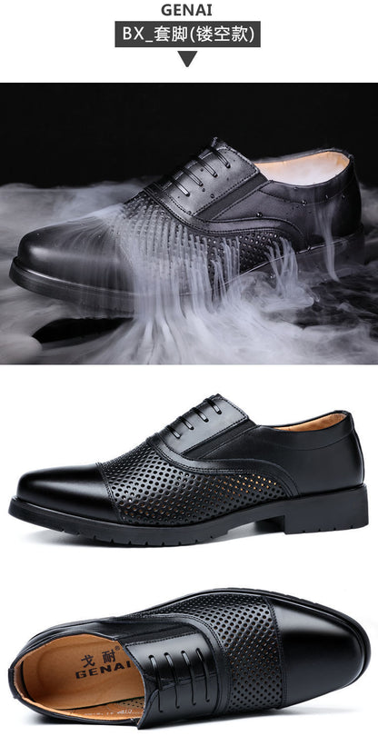 [Real cowhide] business formal leather shoes men's three-joint leather men's shoes summer breathable hidden height increasing shoes men