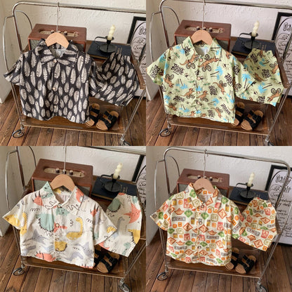 2026 New Children's Short-Sleeved Suit, Men's Short-Sleeved Shirt Suit, Short-Sleeved Shorts Beach Two-Piece Set