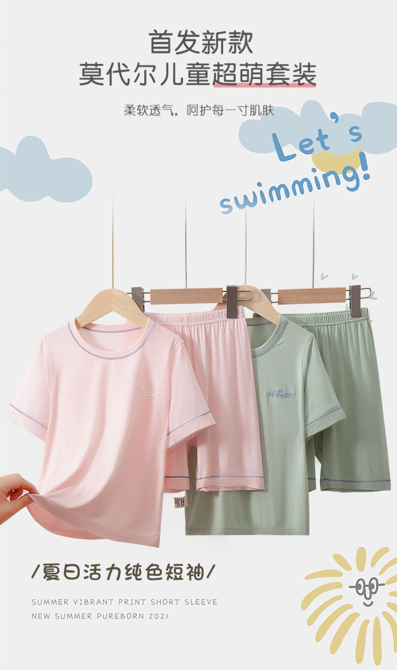 Summer Boys' Short-sleeved Shorts Modal Children's Pajamas Girls' Parent-child Home Clothes suit Children's Air-conditioning Clothes