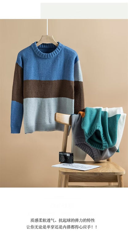 2023 autumn and winter new men's striped sweater men's casual trendy bottoming shirt color matching pullover trendy brand sweater men