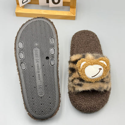 2025 Autumn and Winter New Leopard Print Warm Fur Slippers, One-Line Outer Wear Cotton Slippers, Home Slippers, Fashionable Outer Wear Slippers for Women