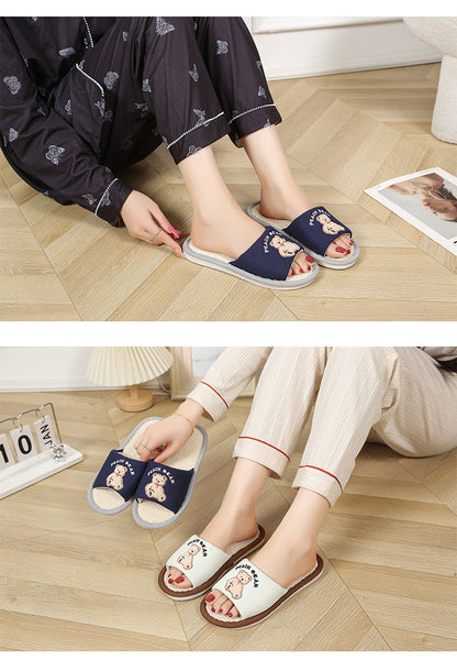 Bear Style Indoor Linen Slippers for Women Summer Home Non-Slip Women's Spring & Fall Seasons Fabric Floor Mops