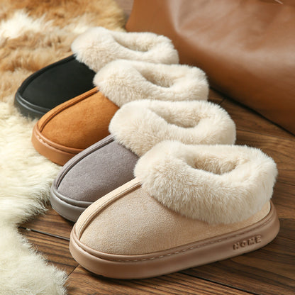 2025 Cross-Border New Pure Color Suede Splicing Home Slippers Thick-Soled Non-Slip Plush Warm Couple Cotton Shoes for Women
