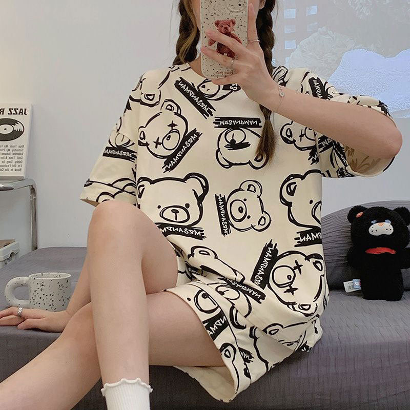 New Style Pajamas Women's Summer Short-sleeved Pullover Thin Cartoon Cartoon Bear Girl Home Clothes suit Women's Outwear
