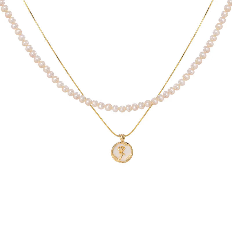 Natural Freshwater Non-nuclear Pearl Double Layer Overlapping Necklace Women's Mother-of-Fritillary Rose Pendant Gold Plated Sweet Light Luxury Set