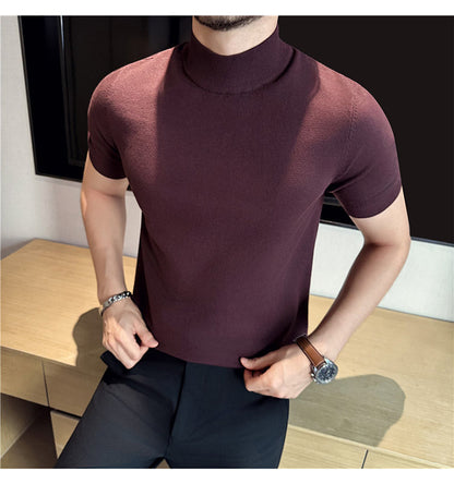 Tiktok Taobao Dropshipping Men's Short-Sleeve Knitwear, Fashionable Versatile Half-Turtleneck Slim-Fit Half-Sleeve Sweater Base Shirt