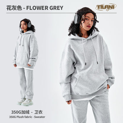 Tilani Men's Clothing European and American Trendy Brand High Quality 350g Fleece-Lined Thick Men's and Women's Hooded Sweatshirt and Sweatpants Pure Color Suit