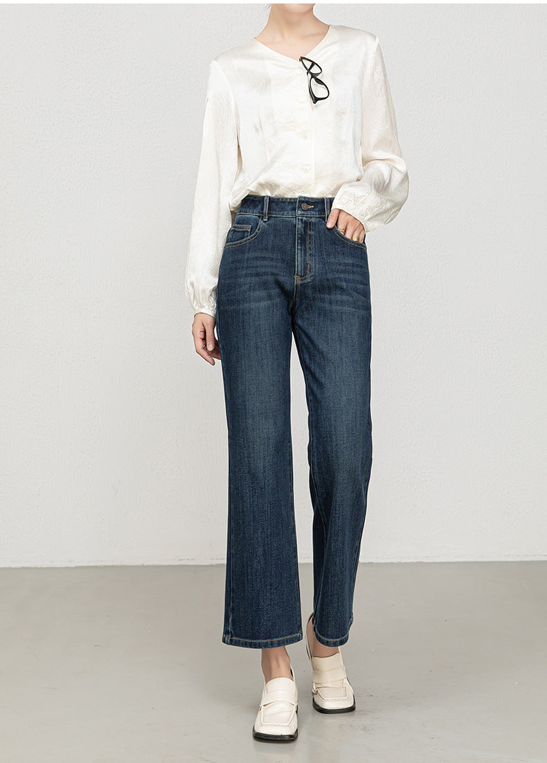 Miaoyu Nine-Point Flared Pants for Women, High-Waisted, Slimming, Nine-Point Jeans, Spring 2026, Four-Way Stretch Bell-Bottom Pants