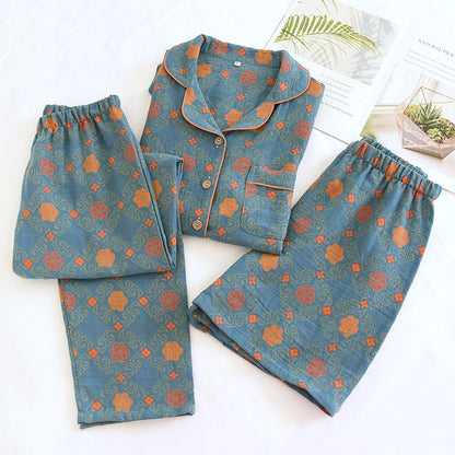 Yarn-dyed cotton pajamas women's summer short-sleeved printed summer retro loose home wear three-piece set can be worn outside