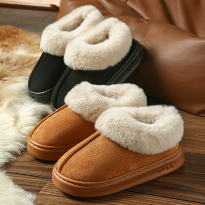 2025 Cross-Border New Pure Color Suede Splicing Home Slippers Thick-Soled Non-Slip Plush Warm Couple Cotton Shoes for Women