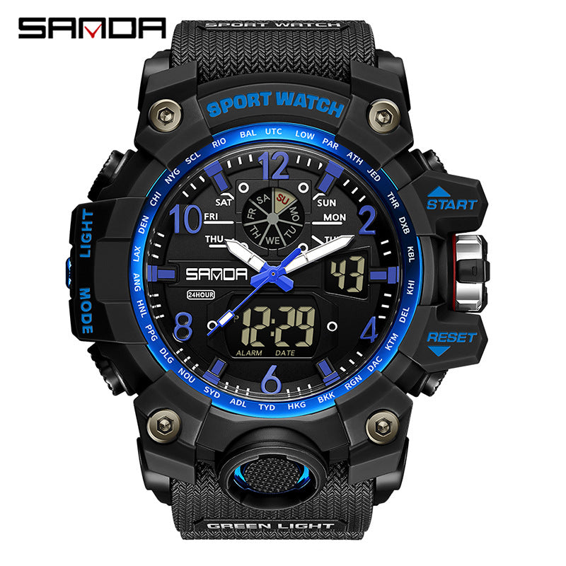 Sanda Hot-Selling Watch Korean Version Student Party Multi-Functional Waterproof Alarm Clock Electronic Watch Cool Dual Display Luminous Sports Watch by PDG ibma