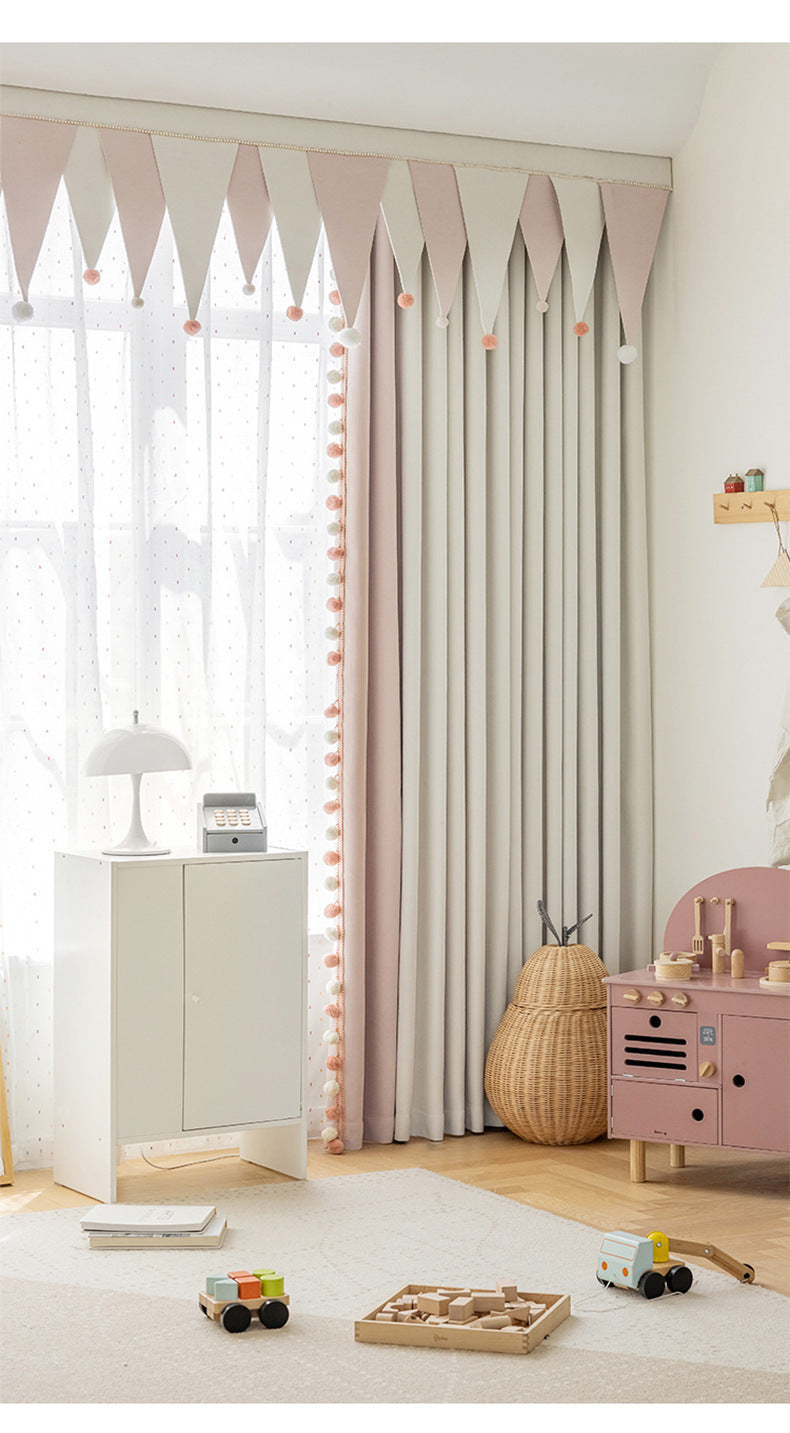 Cream-Colored Chenille Blackout Curtains for Children's Room, Sleeping Beauty Style, with Pom-Pom Design, Custom-Made Finished Product