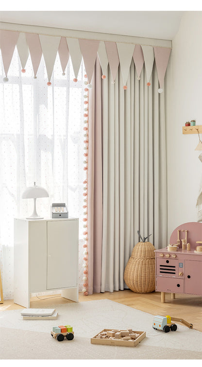 Cream-Colored Chenille Blackout Curtains for Children's Room, Sleeping Beauty Style, with Pom-Pom Design, Custom-Made Finished Product