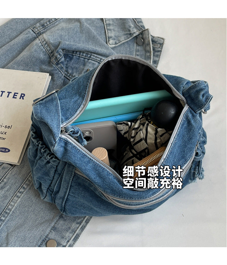 Casual Denim Shoulder Bag Japanese Harajuku Style Canvas Bag for Women 2026 New Large Capacity Simple Crossbody Bag