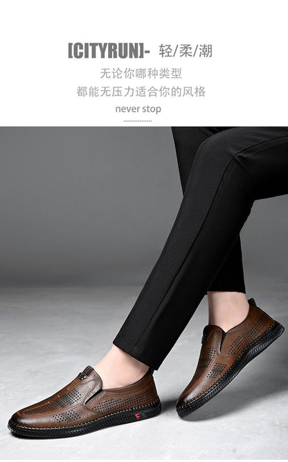 [Broken Size Processing] Leather Shoes Men's Genuine Leather Hole Shoes Dad Shoes Summer Soft Bottom Breathable Lazy Bean Shoes
