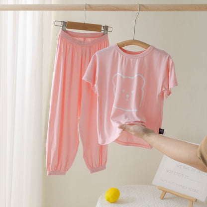 Children's Modal Pajamas Summer Thin Short-sleeved Trousers Ice Silk Middle-aged Boys and Girls Home Suit Summer