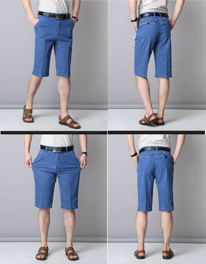 Middle-aged Men's Cropped Pants Loose Stretch Over-the-knee Shorts Summer Ultra-thin Business Jeans for Middle-aged and Elderly Dads