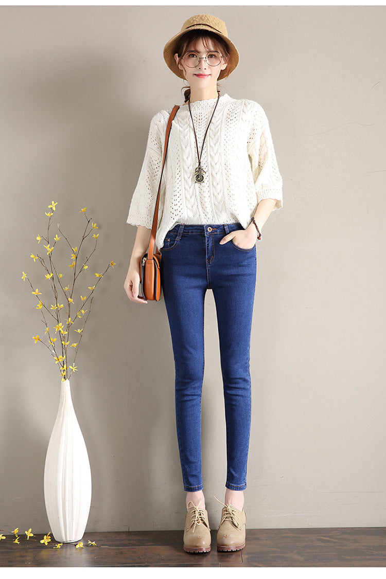Dark Blue Jeans Women's 2023 New Summer High Waist Summer Thin Stretch Slim-Fit Small Feet Nine-point Tight