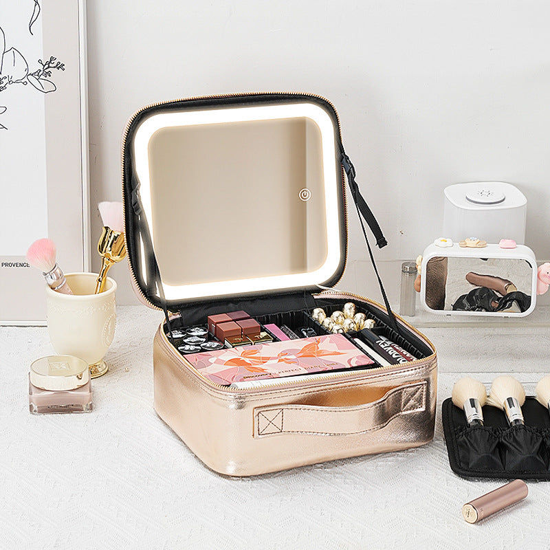 New Style Cosmetic Bag with Light and Mirror Led Light Rechargeable Portable Travel Makeup Cosmetics Cosmetics Bag Ins Style
