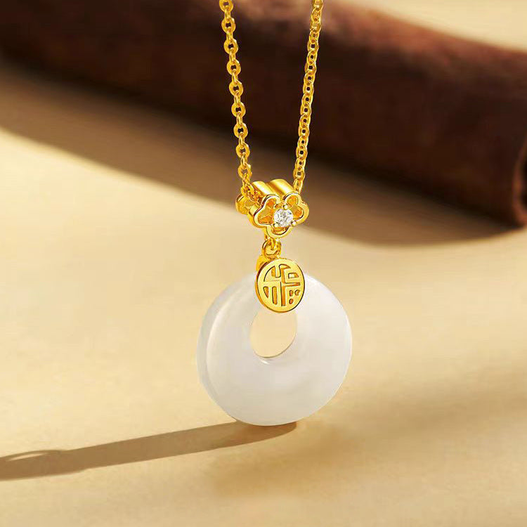 S925 Sterling Silver Hetian Jade Necklace for Women, Chinese Style with the Character for Fortune, Versatile Light Luxury Collarbone Chain, Elegant Gift Accessory, Jade